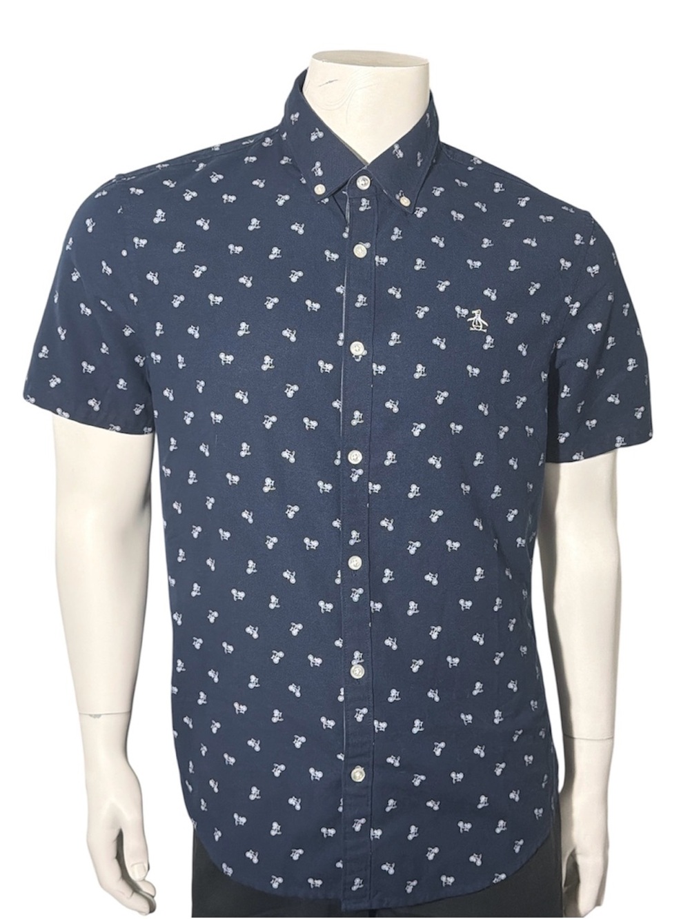 Original Penguin Navy Short-Sleeve Button-Down with White Bicycles Print